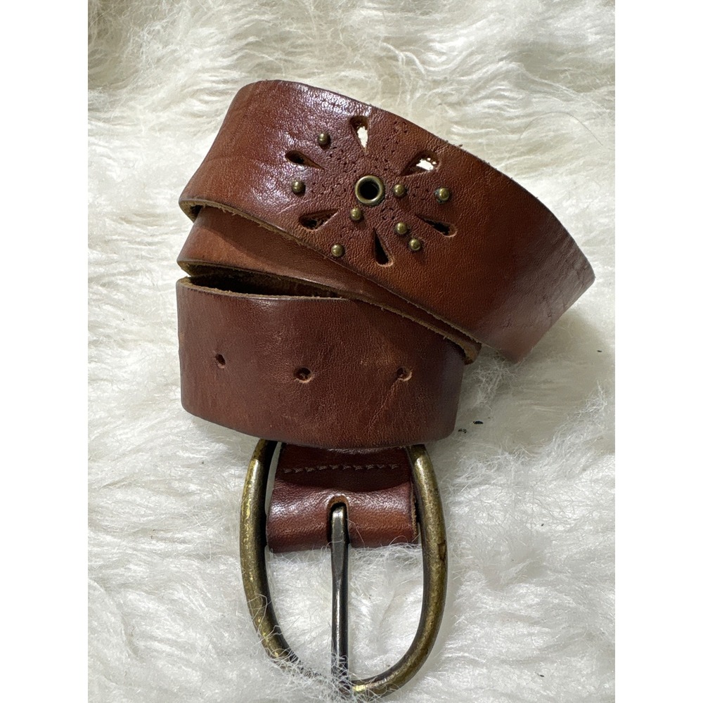 Leather Belt Womens 32-36 Boho Floral Cutout Brown Y2K